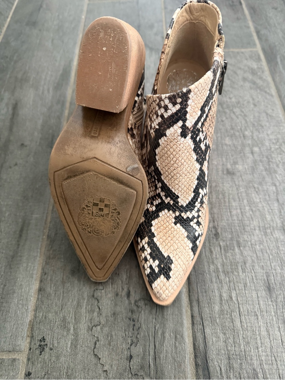 Vince Camuto Beige and Black Snake-Print Pointed Ankle Boots - Picture 3 of 3